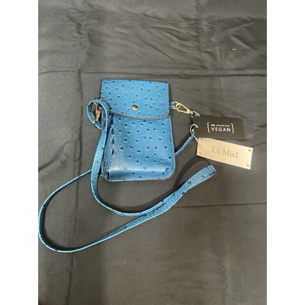 Le Miel Vegan Crossbody Phone Bag Blue Ostrich Style PETA Approved